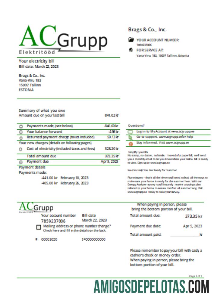 AC Grupp OÜ Projeto de lei de serviços públicos de eletricidade SCR exemplo real